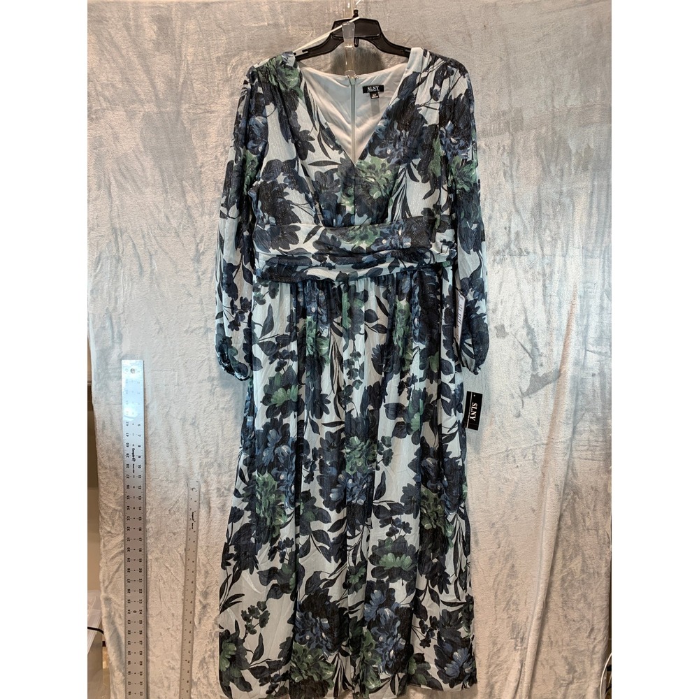 SLNY Womens Floral V-Neck Metallic Maxi Dress Blue Green 18W 9471998 NWT